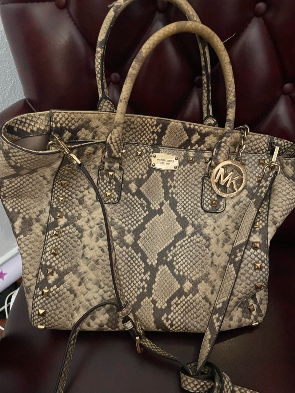 Michael Kors Tan Snake-Print Studded Tote with Gold Hardware